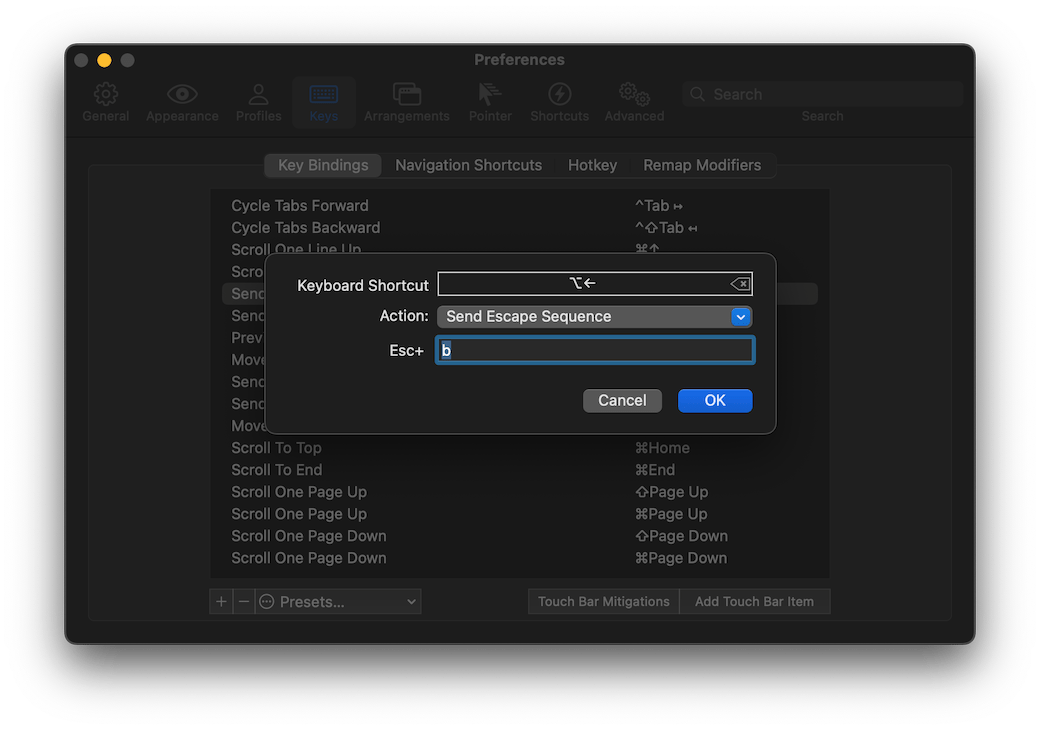 iTerm2 interface to add new Keyboard Shortcut, interface shows keyboard shortcut for jumping the cursor to the left using the option and left arrow keys.