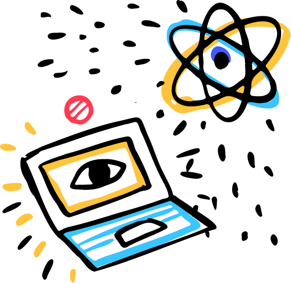 Decorative doodle of a laptop with an eye in it and an atom symbol.