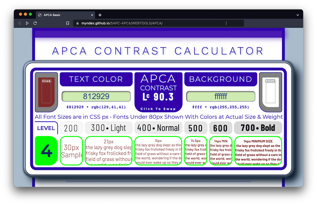 Screenshot of APCA Contrast Caluclator which has fields for entering text color and background color and calculates APCA contrast in the center.