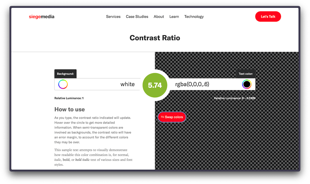 Screenshot of Contrast Ratio with the ratio shown for semi-transparent text, rgba(0,0,0,0.6) on a white background. The contrast ratio 5.74 is shown on a green circle in the middle, indicating that it passes AA for WCAG.