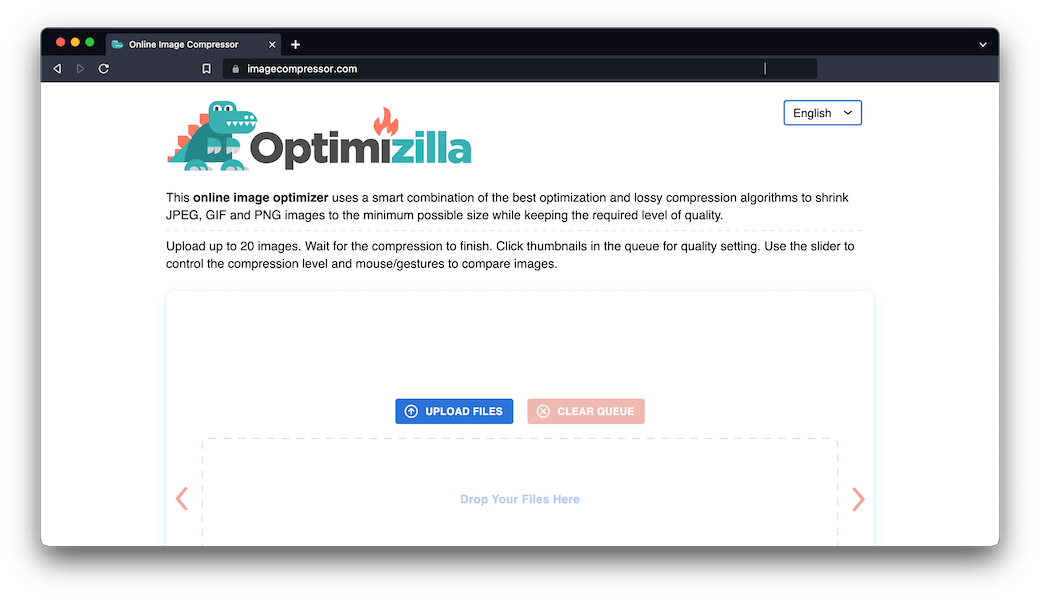 Screenshot of the Optimizilla landing page with the title of the page, language selection, and a drag-and-drop interface for adding images. The main paragraph reads: This online image optimizer uses a smart combination of the best optimization and lossy compression algorithms to shrink JPEG, GIF and PNG images to the minimum possible size while keeping the required level of quality.