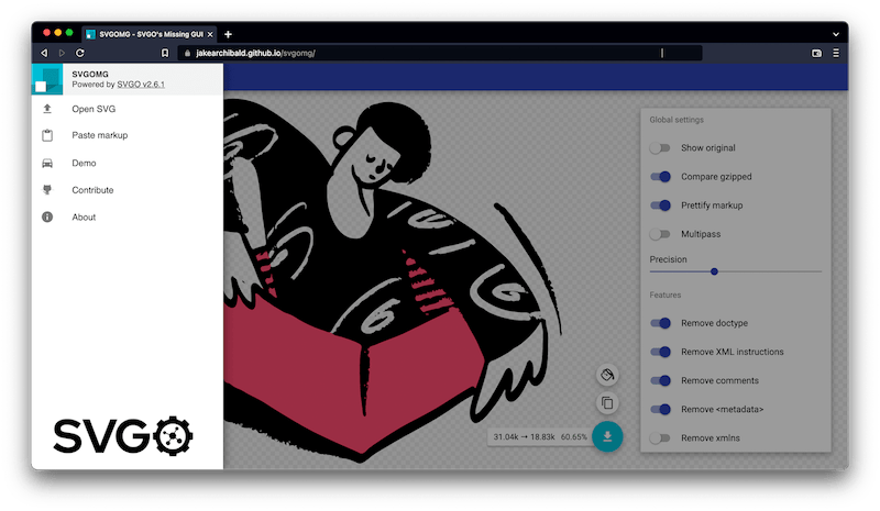 Screenshot of SVGOMG with menubar on the left for opening SVG, pasting markup, demo, contributing, and about, and right-hand toolbar options for minifying SVG file.