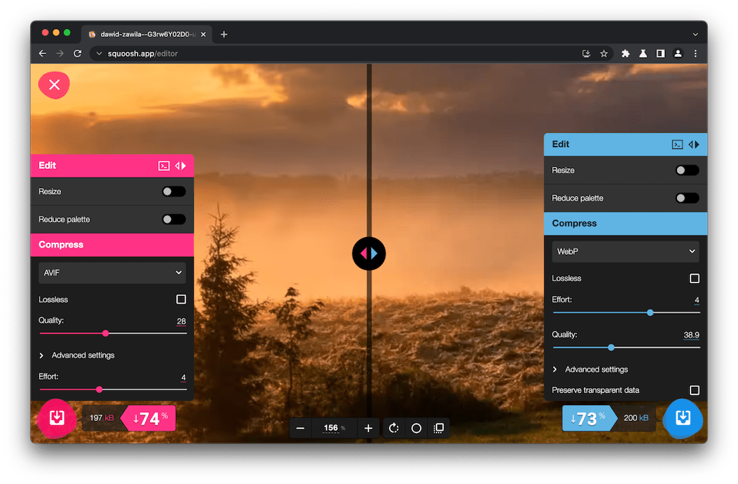 Screenshot Squoosh.app with the ability to perform a visual side-by-side comparison showing AVIF on the left and WebP on the right.